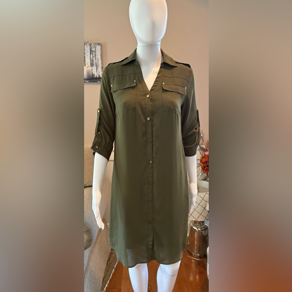 New York & Company Olive Green Shirt Dress size XS